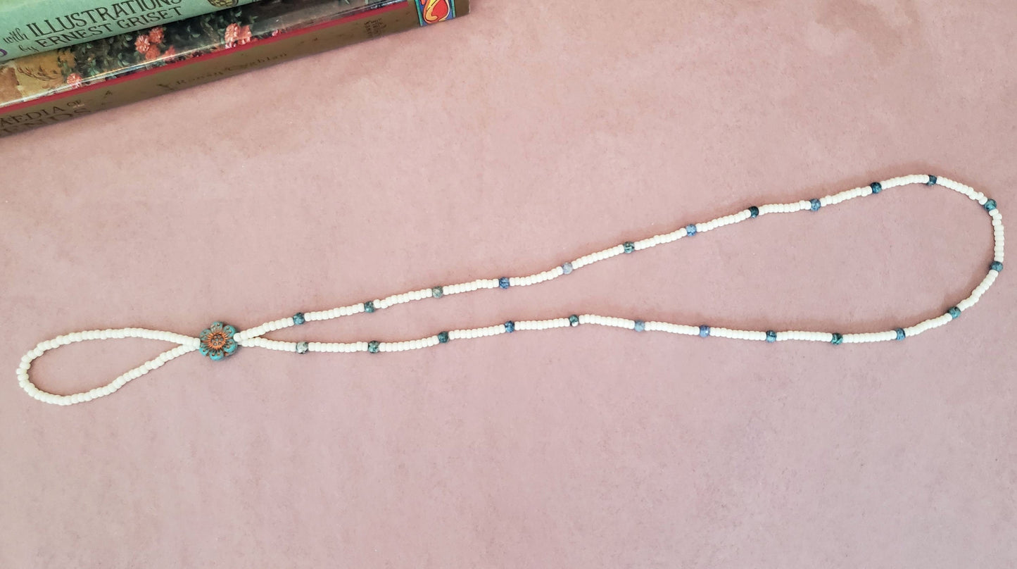 Elastic Beaded Barefoot Sandal or Hand Flower in White + Turquoise + Blue, Boho, Bohemian, Gypsy, Wedding, Bridesmaid, Matte Beads