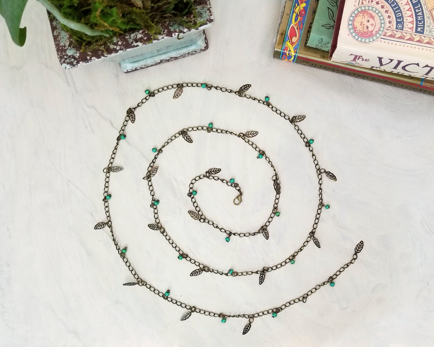 Belly Chain or Lariat in Green with Leaves, Adjustable, Beach, Boho, Bohemian, Gypsy, Steampunk, Choice of Colors and Metals