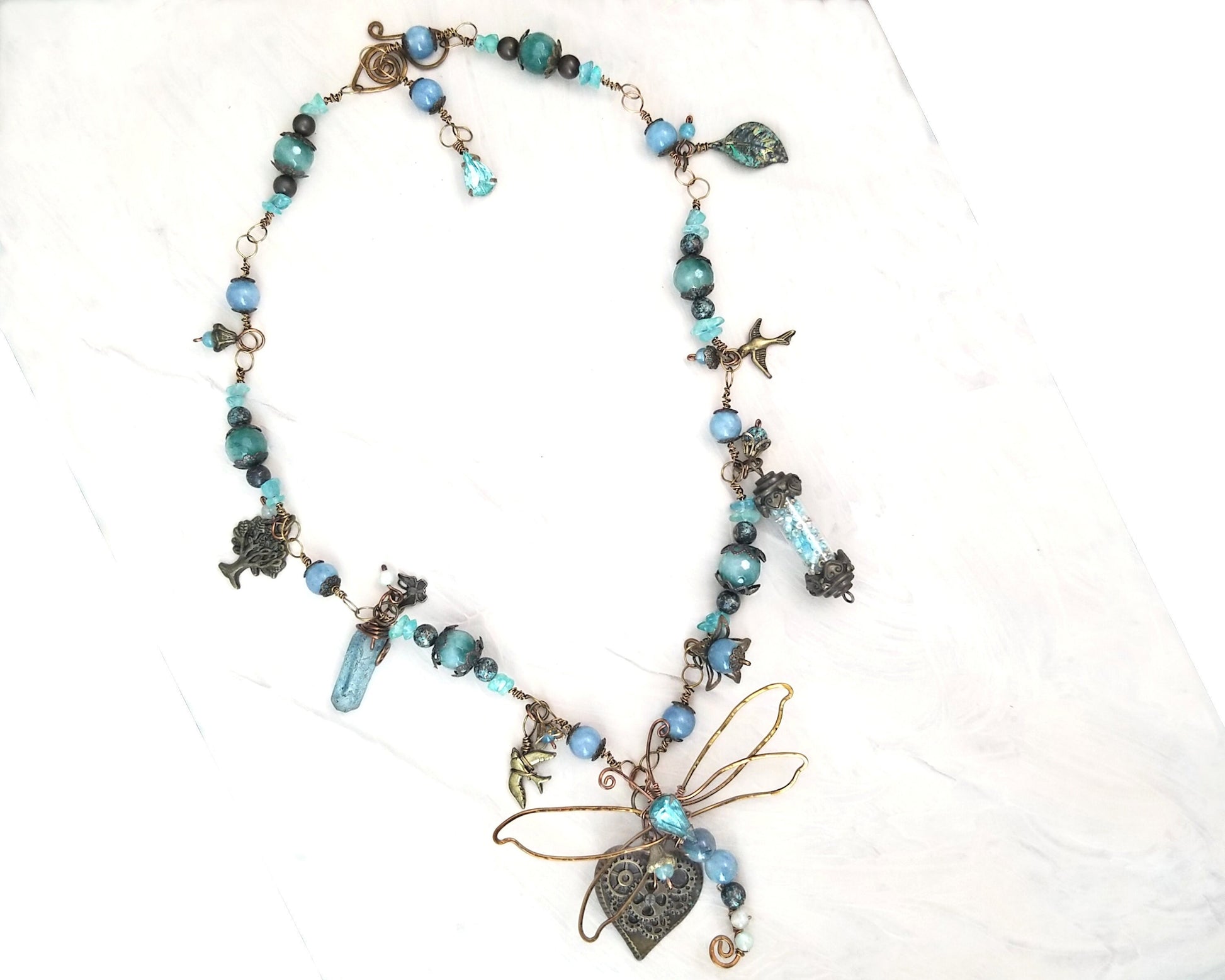 Fairytale Forest Dragonfly Necklace in Teal Renaissance Adjustable Length Fantasy Woodland #1346