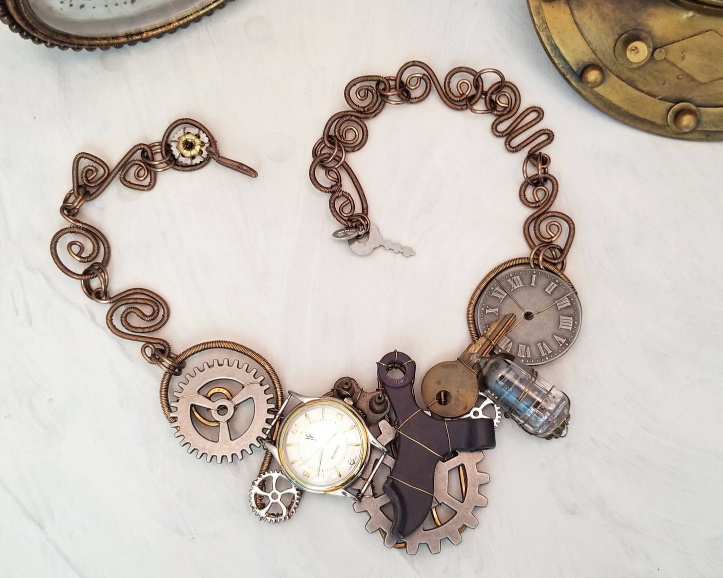 Steampunk Hardware Bib Statement Necklace in Mixed Metals, Adjustable Length