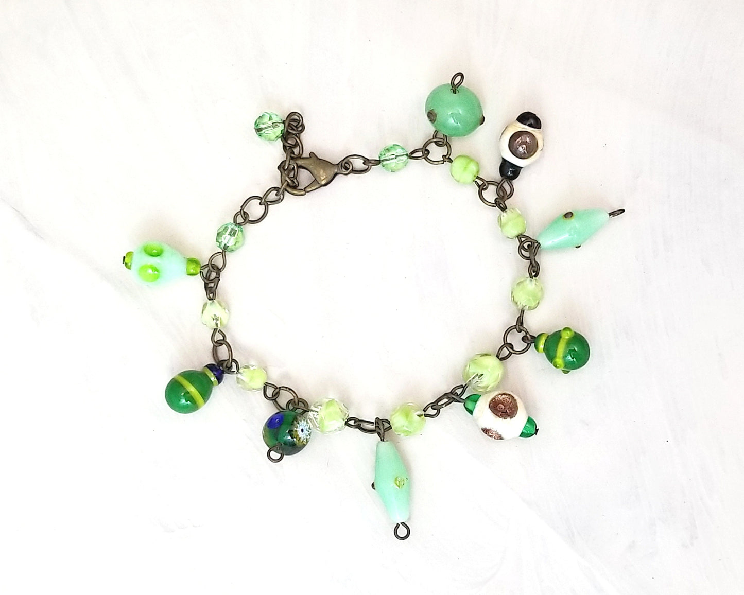 Fantasy Wire Bracelet with Vintage Green Glass Beads, Adjustable Length