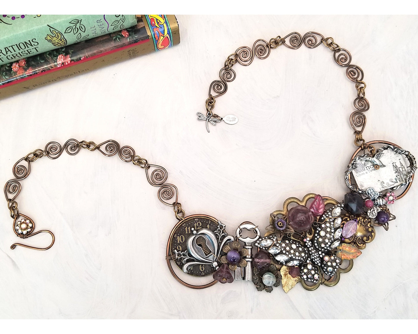 Fairytale Butterfly Bib Statement Necklace in Purple, Fairytale Book + Key, Adjustable Length Fantasy Floral