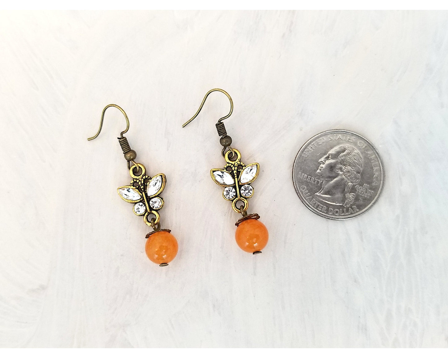 Rhinestone Butterfly Earrings in Orange, Wedding, Bridesmaid, Garden, Art Nouveau, Belle Époque, Renaissance, Garden, Choice of Metals