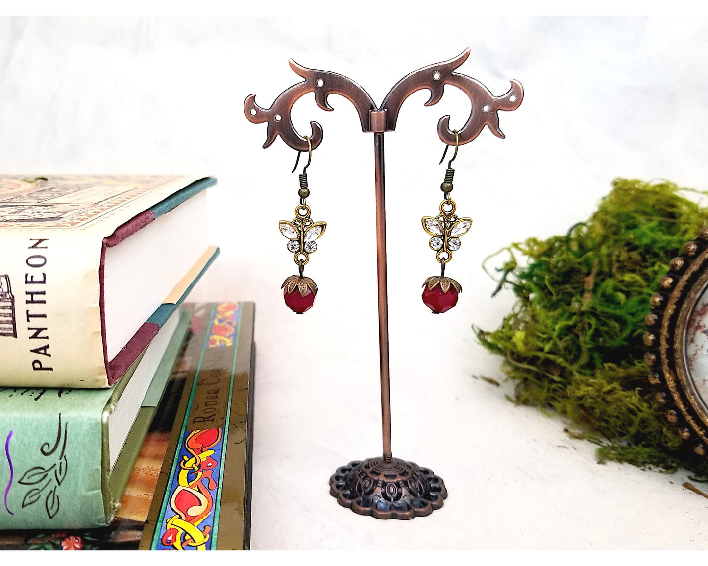 Rhinestone Butterfly Earrings in Red, Wedding, Bridesmaid, Garden, Art Nouveau, Belle Époque, Renaissance, Garden, Choice of Colors Metals