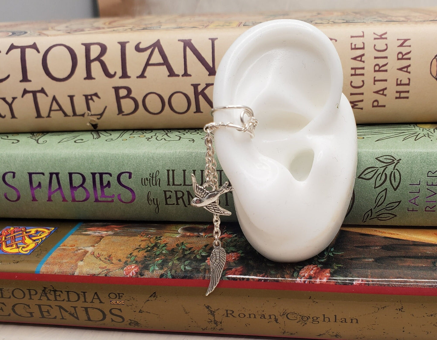 Ear Cartilage Cuff in Silver with Charm Dangles on Chains, Adjustable, Unisex, Boho, Turtle, Feather, Leaf, Bird, Wing