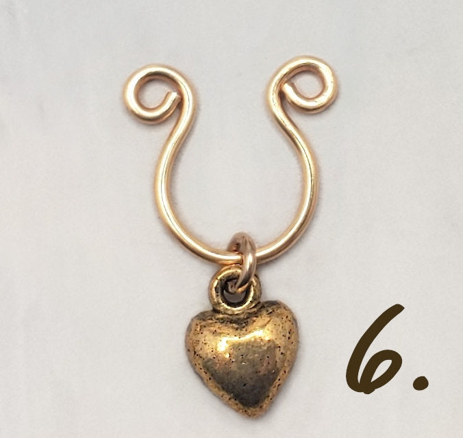 Nose Septum Ring Cuff with Dangle, 14K Gold Filled or Plated, FAKE, No Piercing, Adjustable, Unisex, Choice of Charms Bee Gear Heart Bird