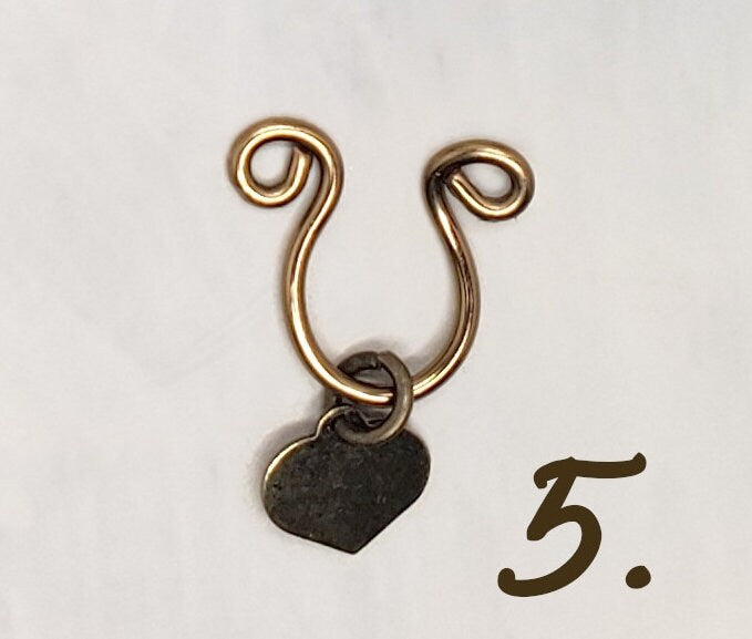 Nose Septum Ring Cuff with Dangle, Antique Brass/Bronze, FAKE, No Piercing, Adjustable, Unisex, Choice of Charms Bee Butterfly Heart Bell