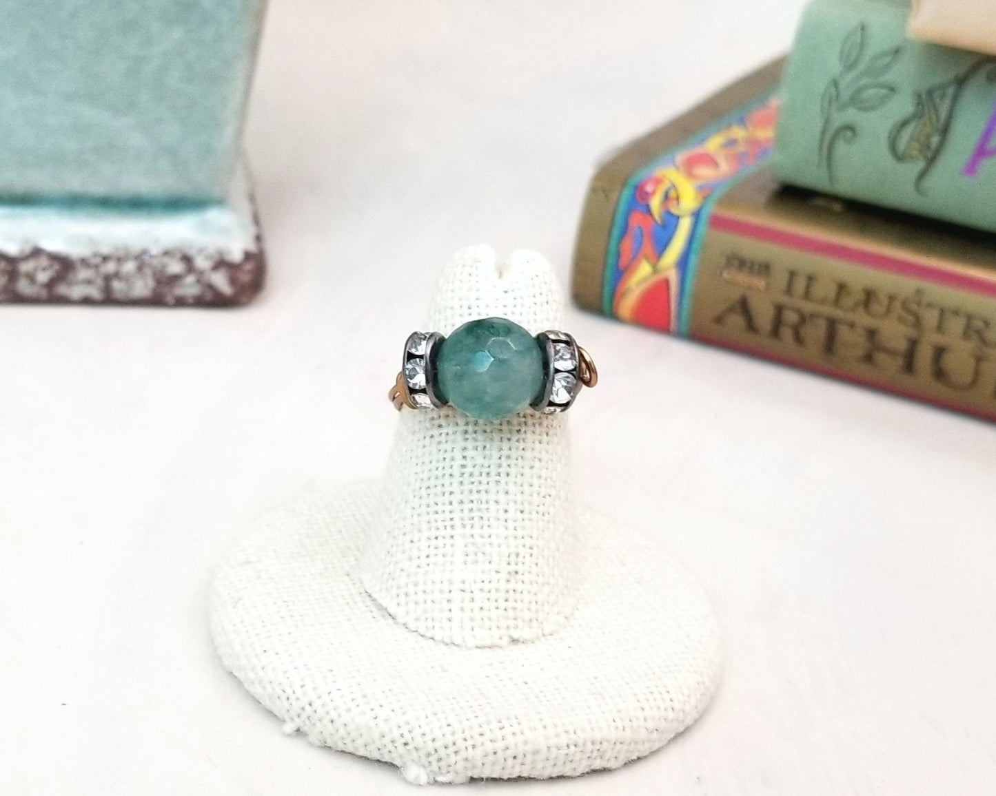Wire Ring in Teal Blue-Green Agate with Rhinestones, Fairy Tale, Renaissance, Medieval, Choice of Colors and Metals