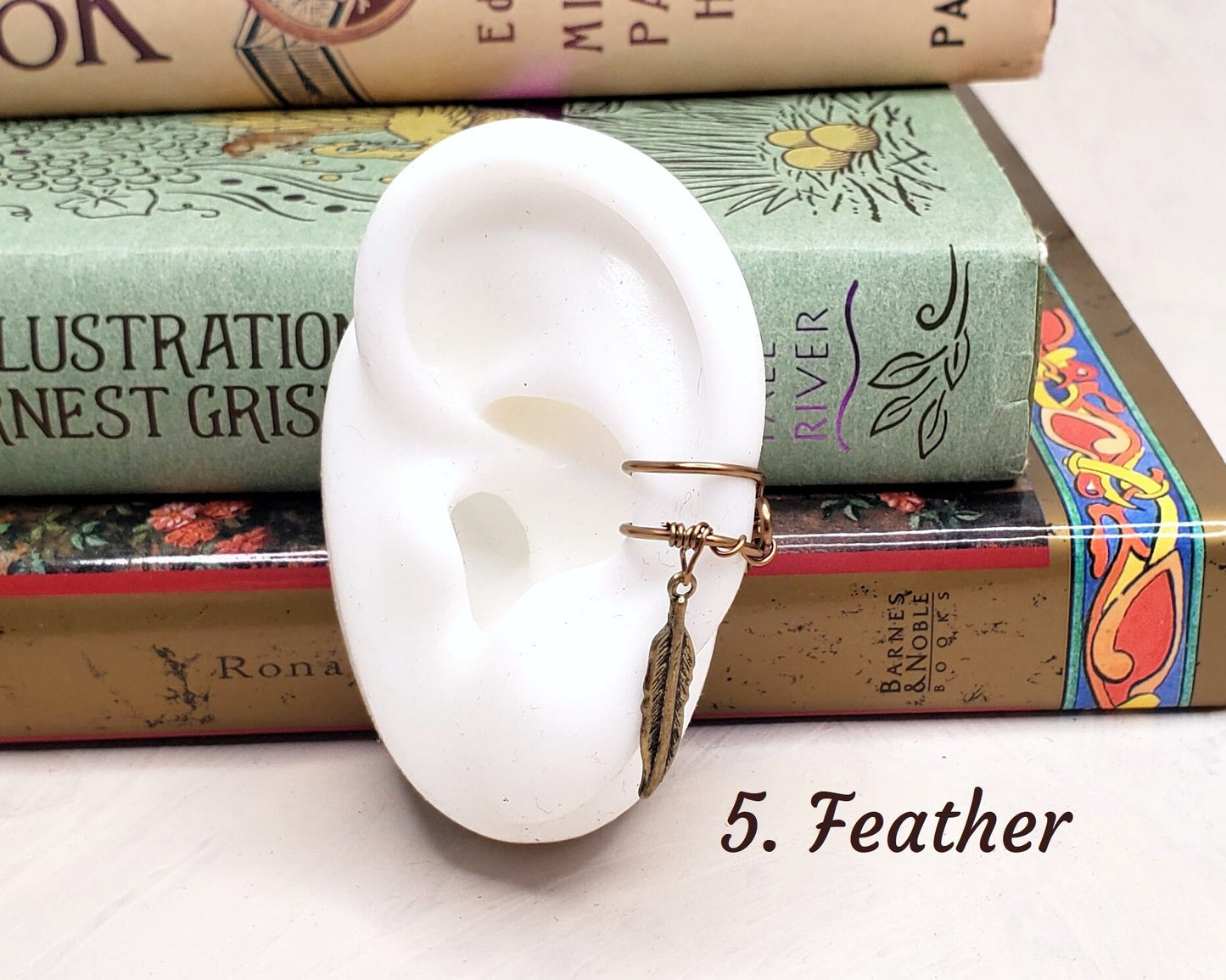 Ear Cartilage Cuff in Antique Brass/Bronze with Charm Dangles, Adjustable, Unisex, Heart, Bee, Rose, Feather