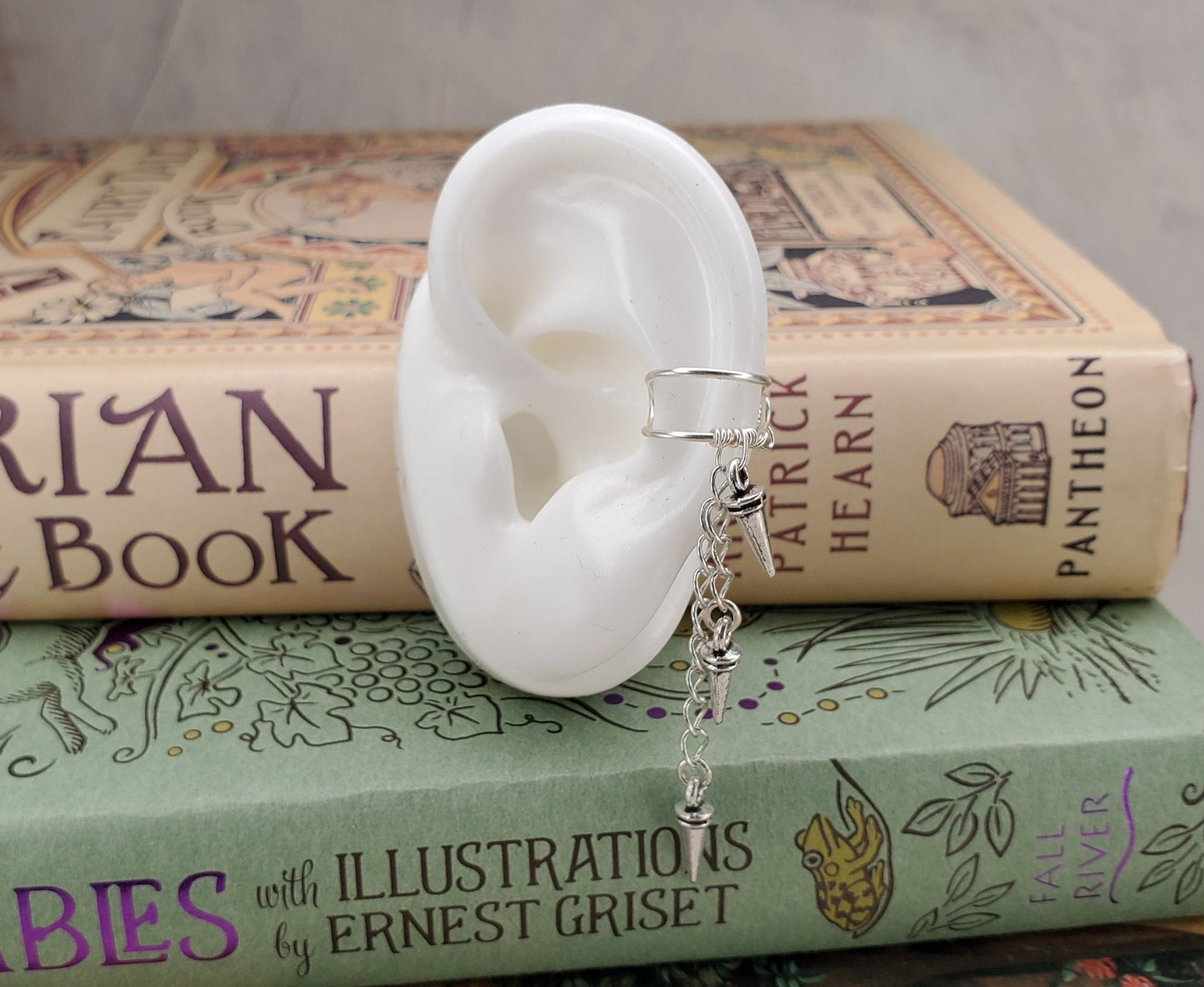 Ear Cartilage Cuff in Silver with Charm Dangles on Long Chains, Adjustable, Unisex, Boho, Wings, Feathers, Leaves, Spikes