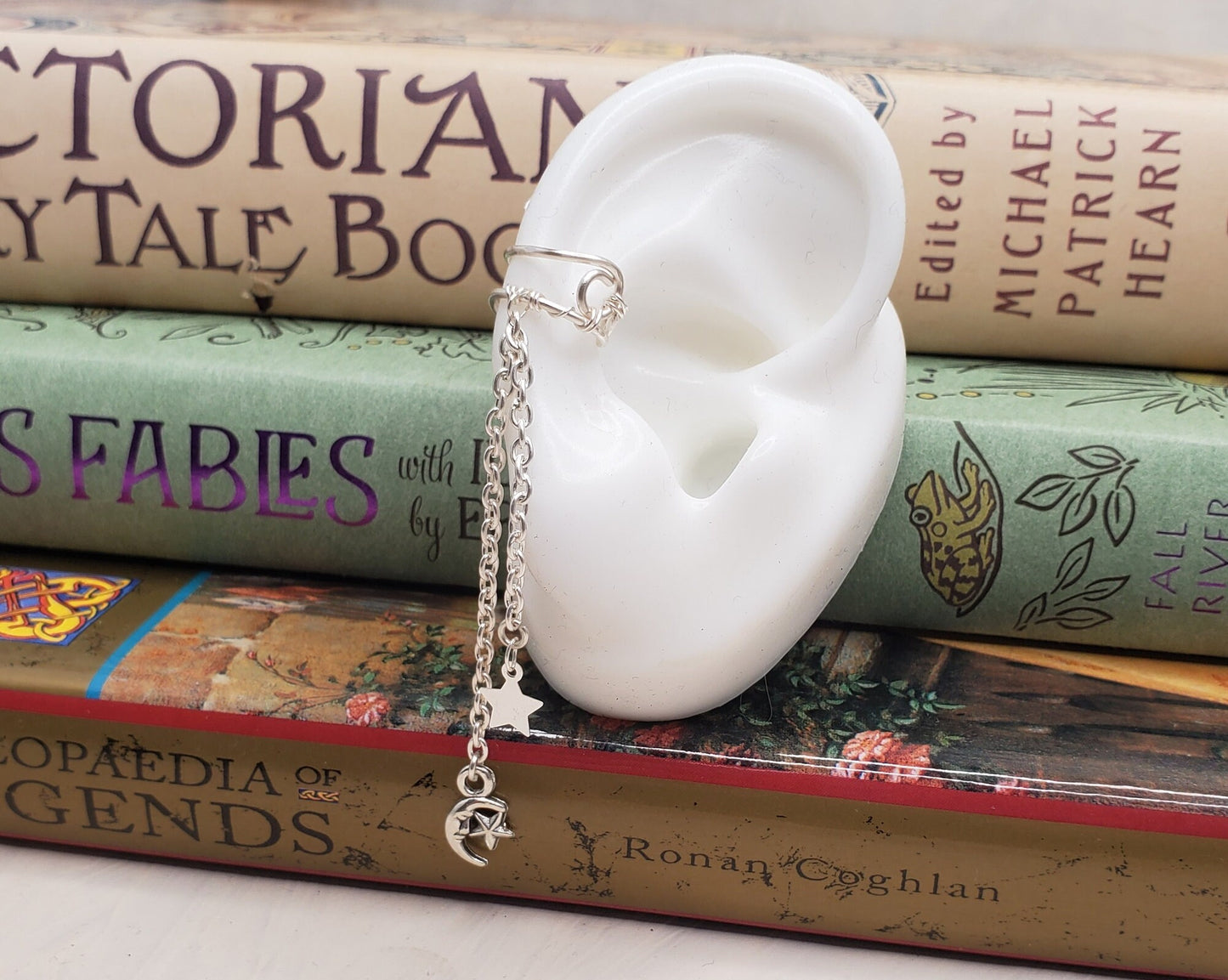 Ear Cartilage Cuff in Silver with Charm Dangles on Chains, Adjustable, Unisex, Boho, Dragonfly, Leaf, Wing, Moon + Stars