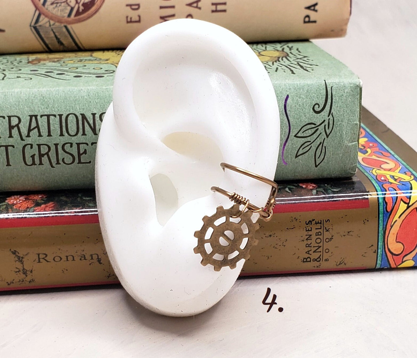 Steampunk Ear Cartilage Cuff in Antique Brass, Brushed Silver or Antique Copper with Charm Dangle, Adjustable, Arrow, Gear