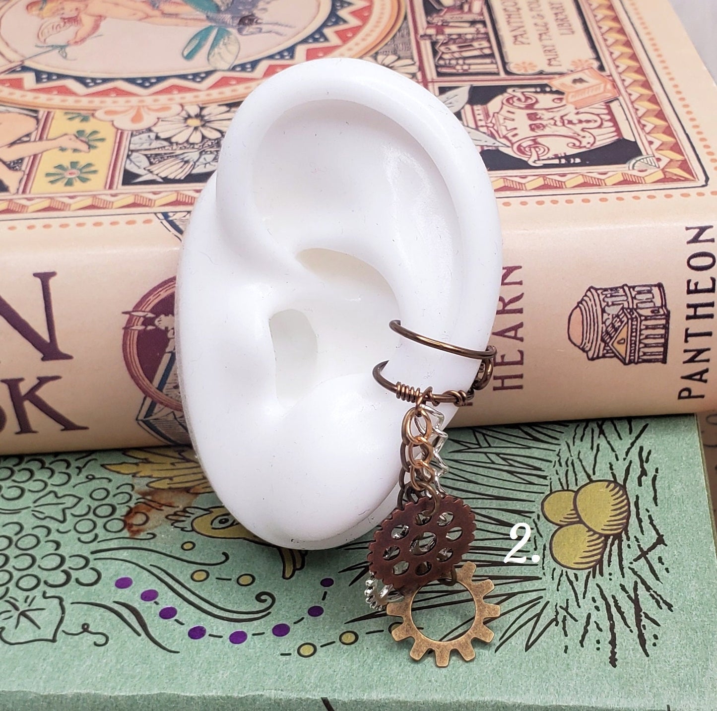 Steampunk Ear Cartilage Cuff in Antique Brass with Charm Dangles on Long Chains, Adjustable, Wing, Gears