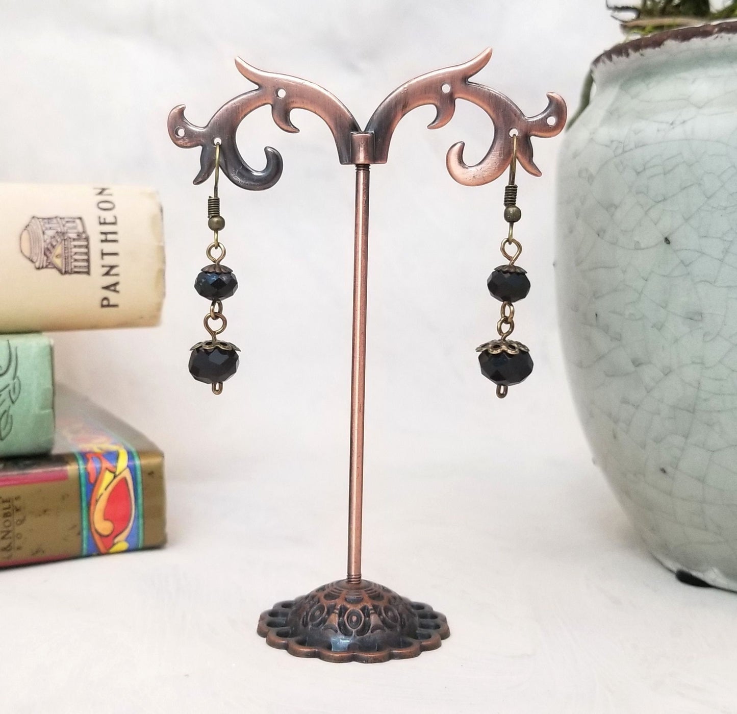 2-Tier Earrings in Black, Wedding, Bridesmaid, Art Nouveau, Belle Époque, Renaissance, Garden, Choice of Metals and Closure Types