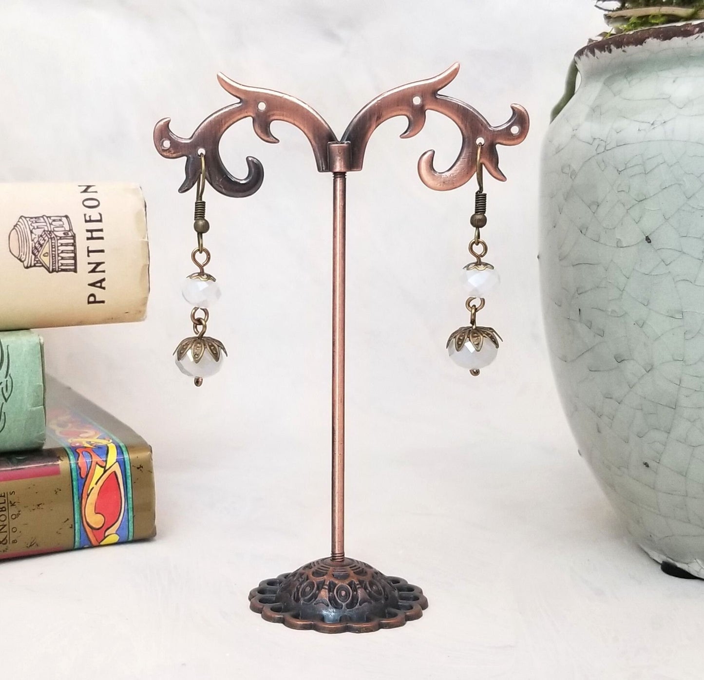 2-Tier Earrings in Moonstone White, Wedding, Bridesmaid, Art Nouveau, Belle Époque, Renaissance, Garden, Choice of Metals and Closure Types