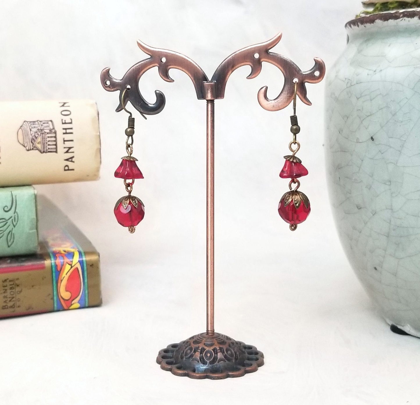 2-Tier Earrings in Red, Wedding, Bridesmaid, Art Nouveau, Belle Époque, Renaissance, Garden, Choice of Metals and Closure Types