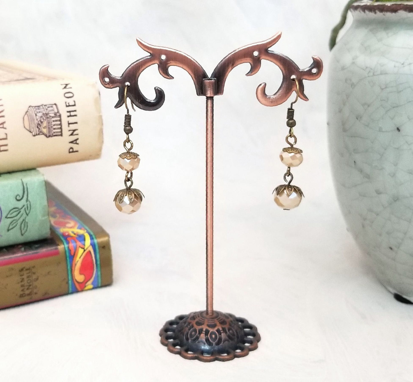 2-Tier Earrings in Opaque Beige, Wedding, Bridesmaid, Art Nouveau, Belle Époque, Renaissance, Garden, Choice of Metals and Closure Types