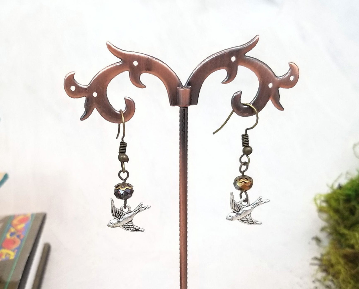 Earrings with Silver Bird Charms, Wedding, Bridesmaid, Art Nouveau, Belle Époque, Renaissance, Garden, Deep Pink, Brown, More Colors Avail