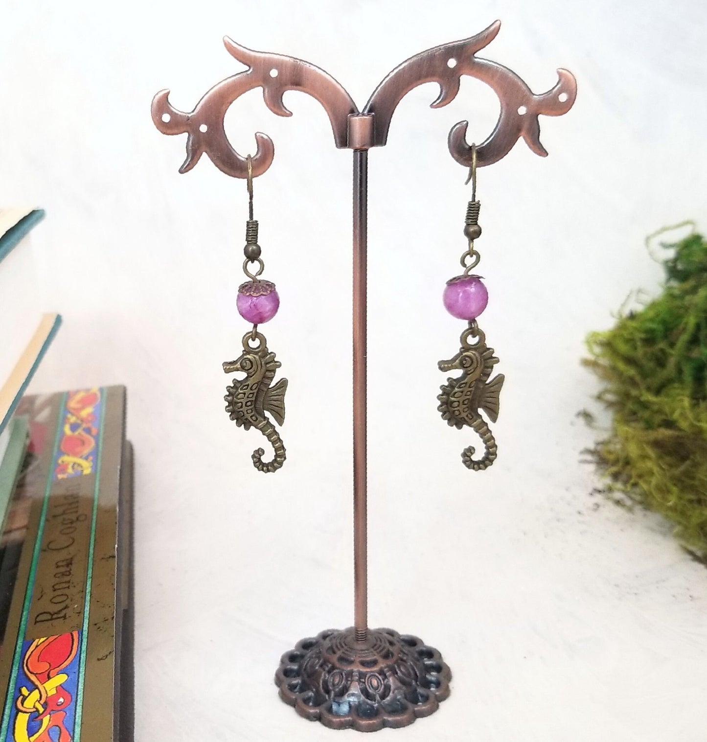 Earrings with Seahorse Charms, Wedding, Bridesmaid, Art Nouveau, Belle Époque, Renaissance, Garden, Purple, More Colors Available