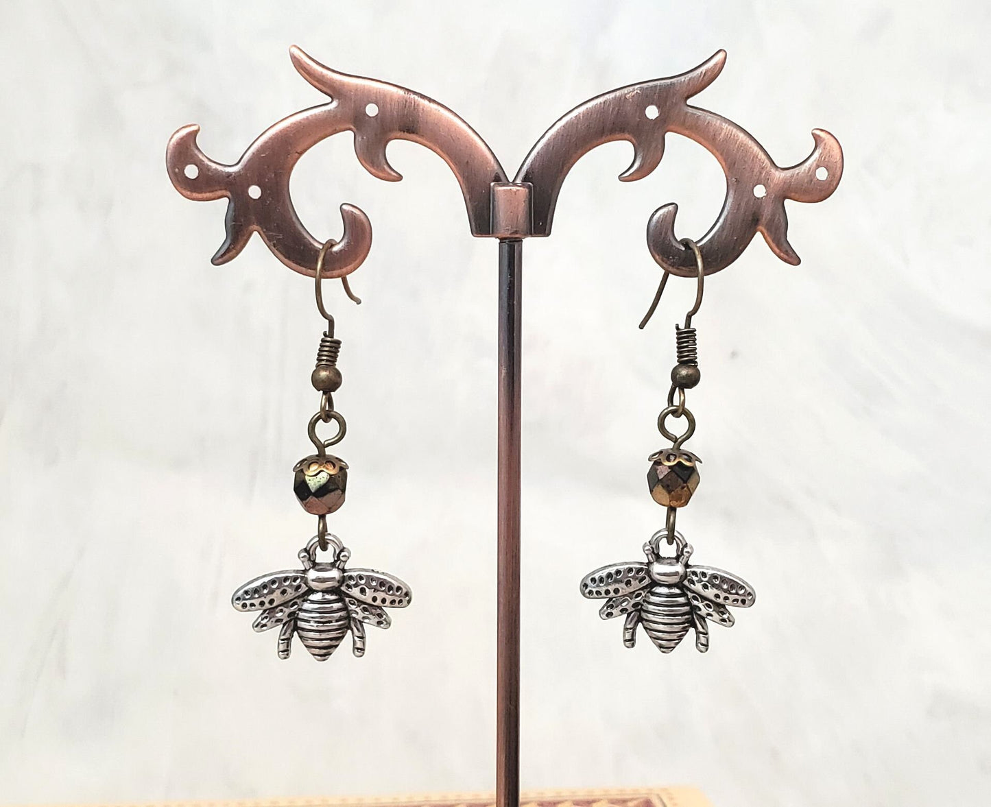 Earrings with Silver Bee Charms, Wedding, Bridesmaid, Art Nouveau, Belle Époque, Renaissance, Garden, Brown, More Colors Available