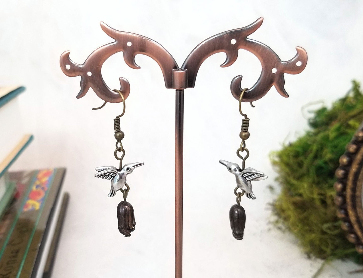 Earrings with Silver Hummingbird Charms, Wedding, Bridesmaid, Art Nouveau, Belle Époque, Renaissance, Garden, Brown, More Colors Available