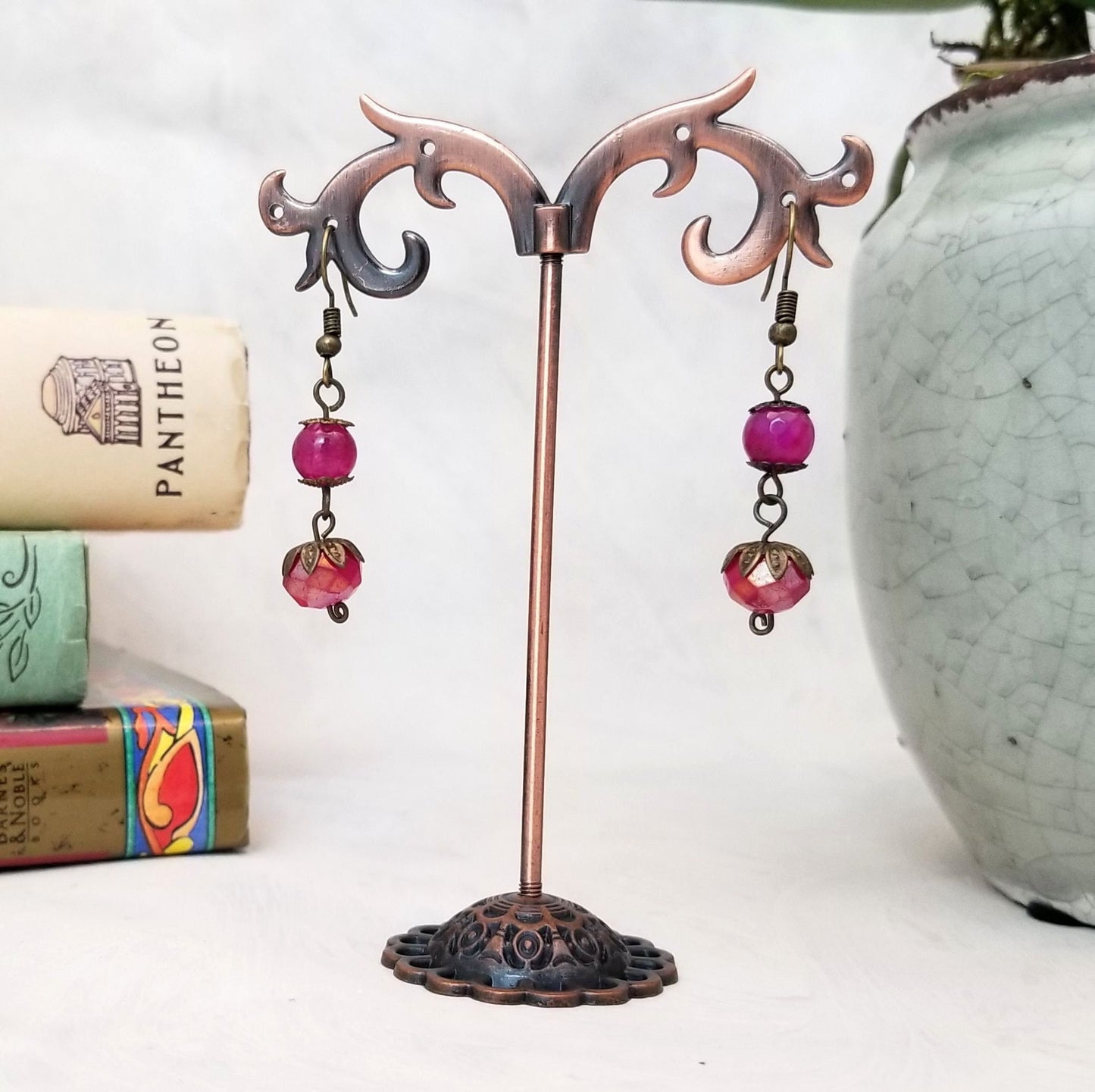 2-Tier Earrings in Deep Pink, Wedding, Bridesmaid, Art Nouveau, Belle Époque, Renaissance, Garden, Choice of Metals and Closure Types