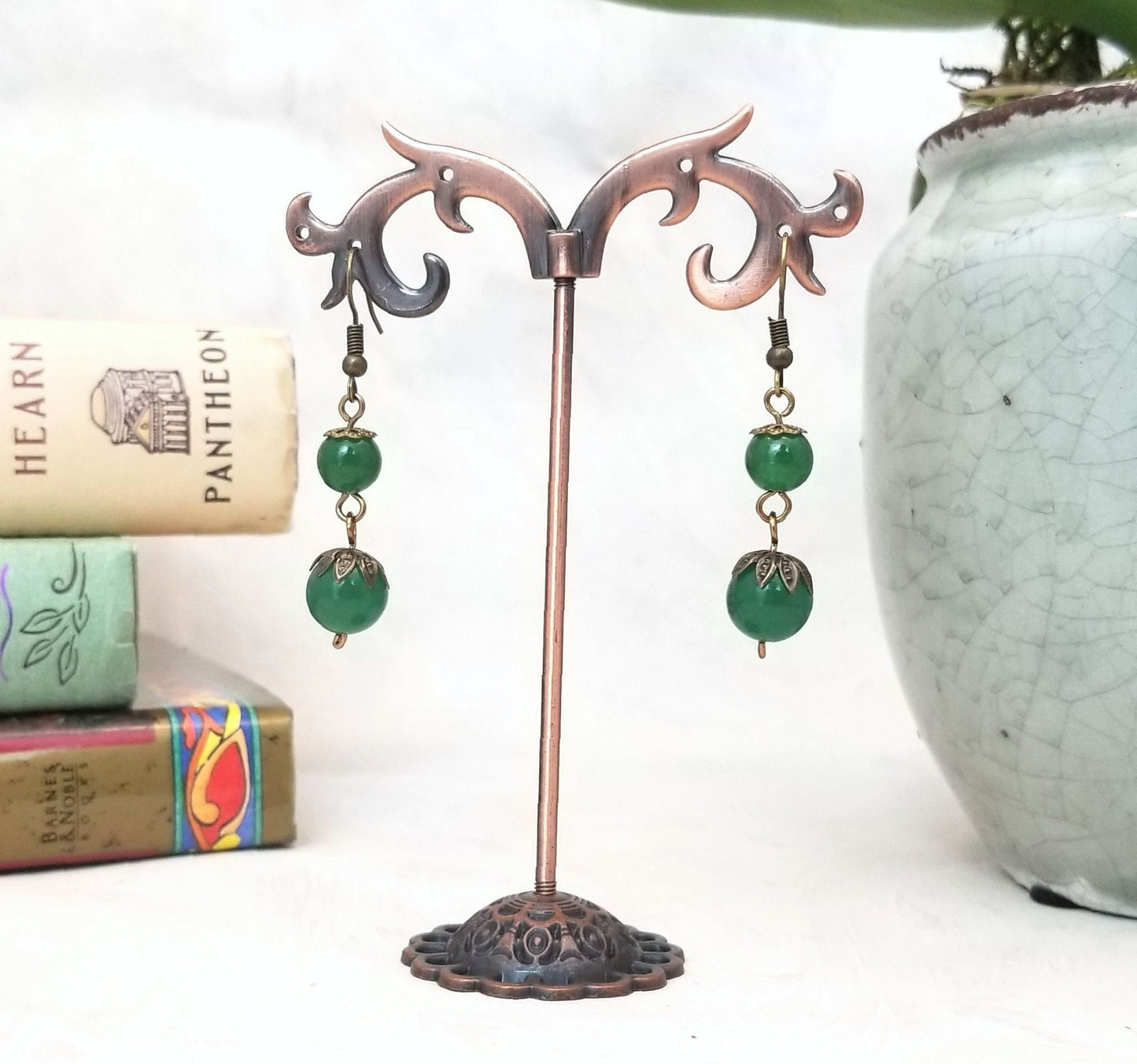 2-Tier Earrings in Green, Wedding, Bridesmaid, Art Nouveau, Belle Époque, Renaissance, Garden, Choice of Metals and Closure Types