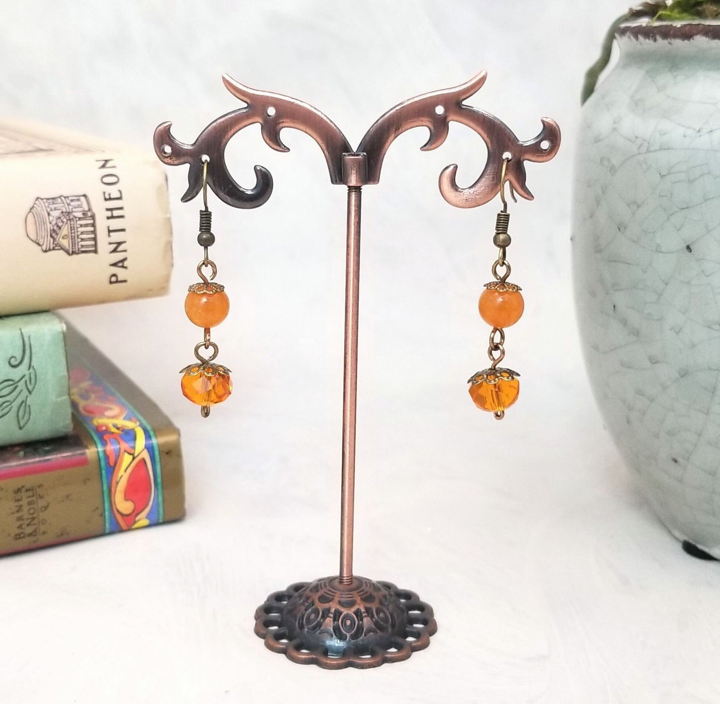 2-Tier Earrings in Orange Agate, Wedding, Bridesmaid, Art Nouveau, Belle Époque, Renaissance, Garden, Choice of Metals and Closure Types