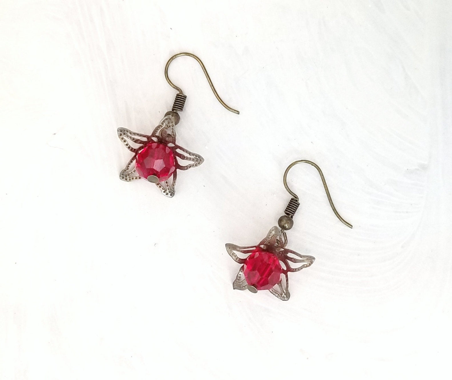 Star Flower Earrings in Red, Wedding, Bridesmaid, Art Nouveau, Belle Époque, Renaissance, Garden, Choice of Closure Types