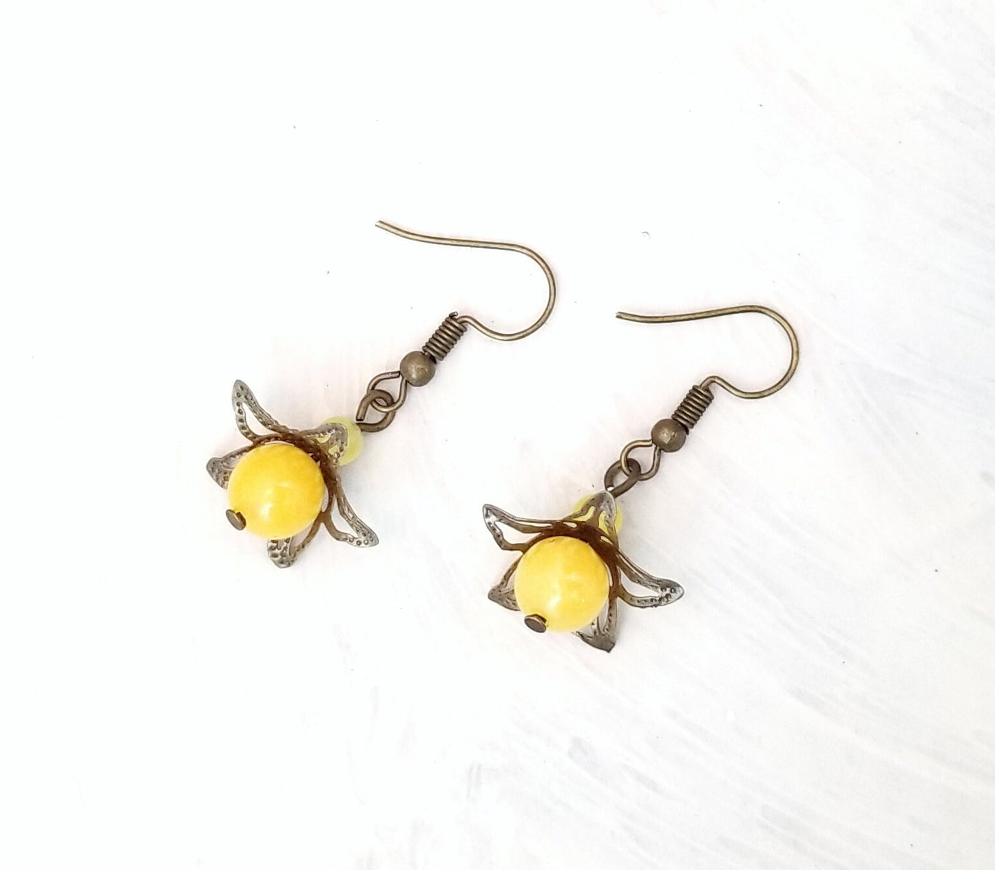 Star Flower Earrings in Yellow, Wedding, Bridesmaid, Art Nouveau, Belle Époque, Renaissance, Garden, Choice of Closure Types