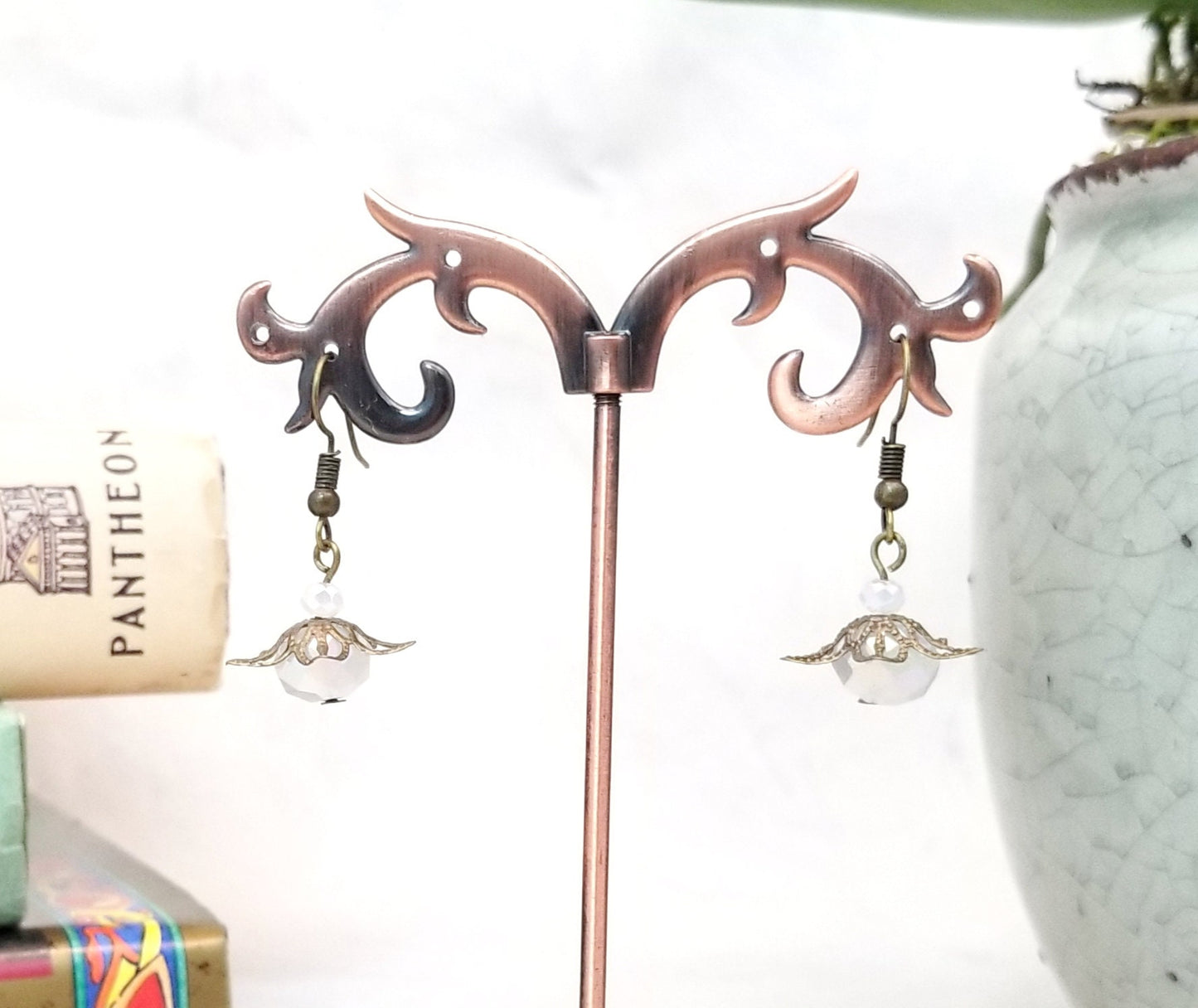 Star Flower Earrings in Moonstone White, Wedding, Bridesmaid, Art Nouveau, Belle Époque, Renaissance, Garden, Choice of Closure Types