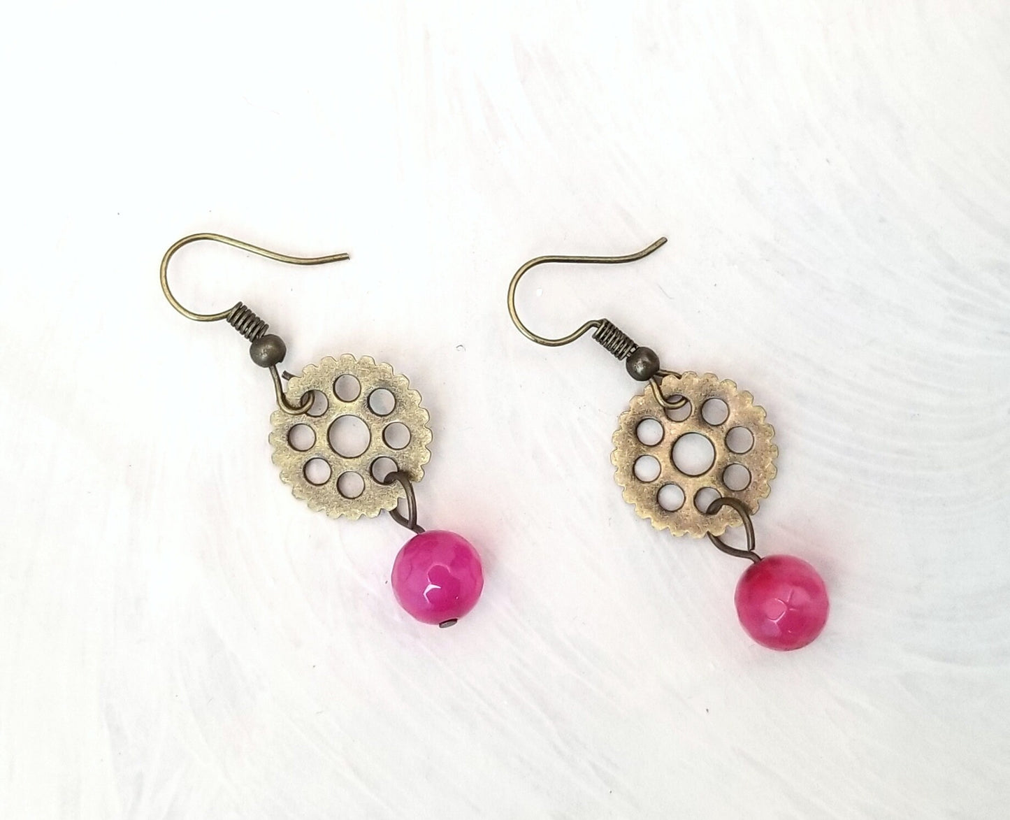 Steampunk Earrings with Gears Over Beads, Party, Wedding, Bridesmaid, Choice of Colors