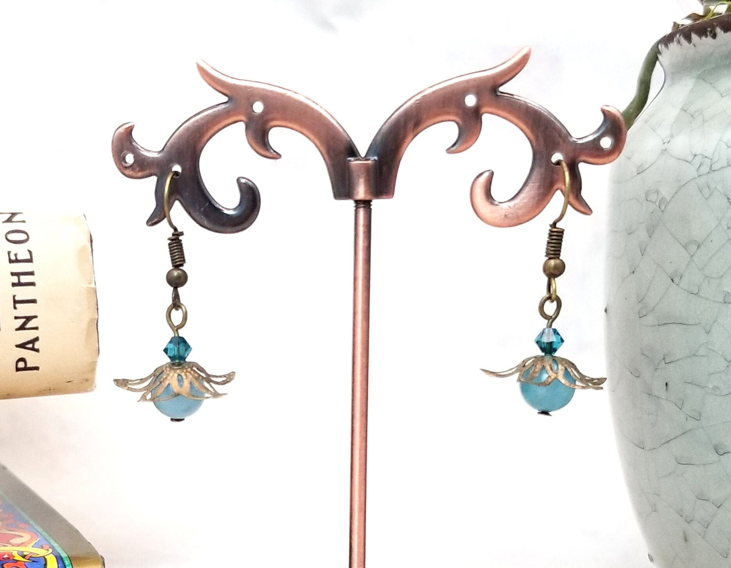 Star Flower Earrings in Aqua Blue, Wedding, Bridesmaid, Art Nouveau, Belle Époque, Renaissance, Garden, Choice of Closure Types