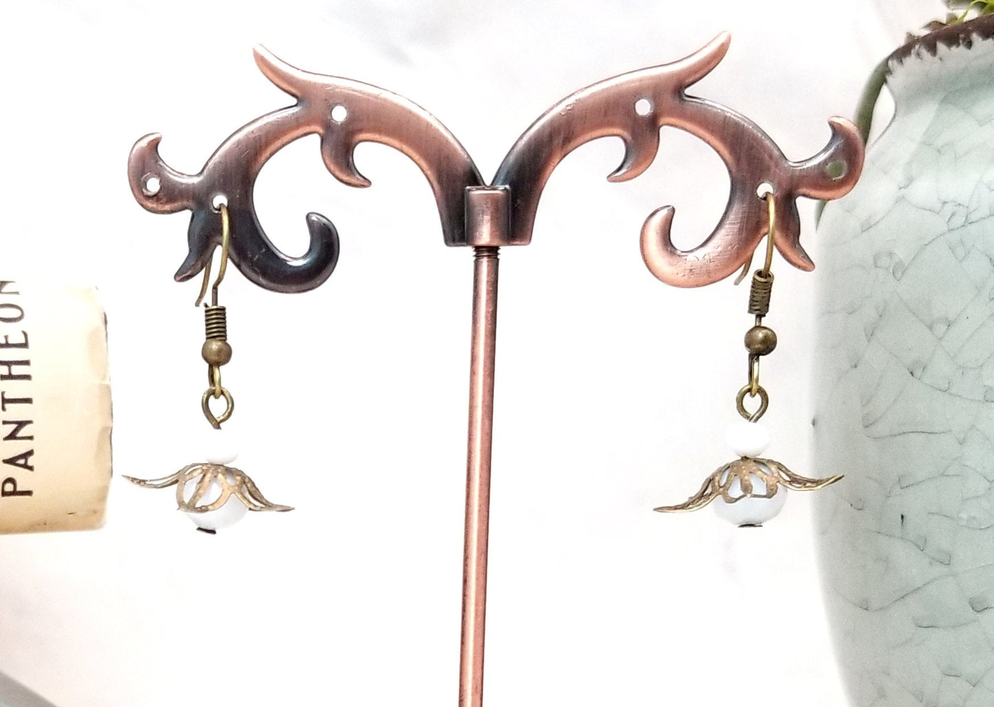 Star Flower Earrings in Opaque White, Wedding, Bridesmaid, Art Nouveau, Belle Époque, Renaissance, Garden, Choice of Closure Types