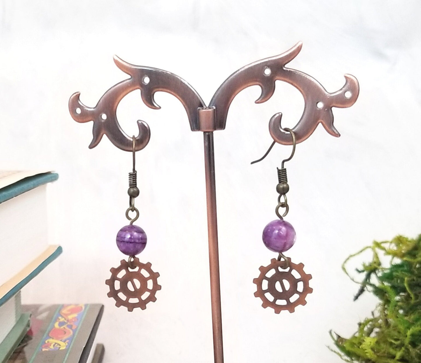 Steampunk Earrings with Beads Over Gears, Party, Wedding, Bridesmaid, Choice of Colors