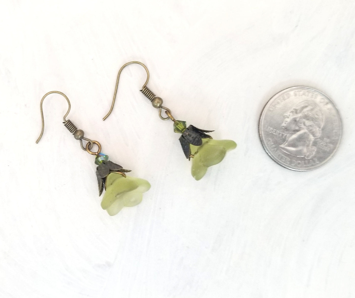 Glass Flower Earrings in Frosted Green, Wedding, Bridesmaid, Art Nouveau, Belle Époque, Renaissance, Garden, Choice of Closure Types