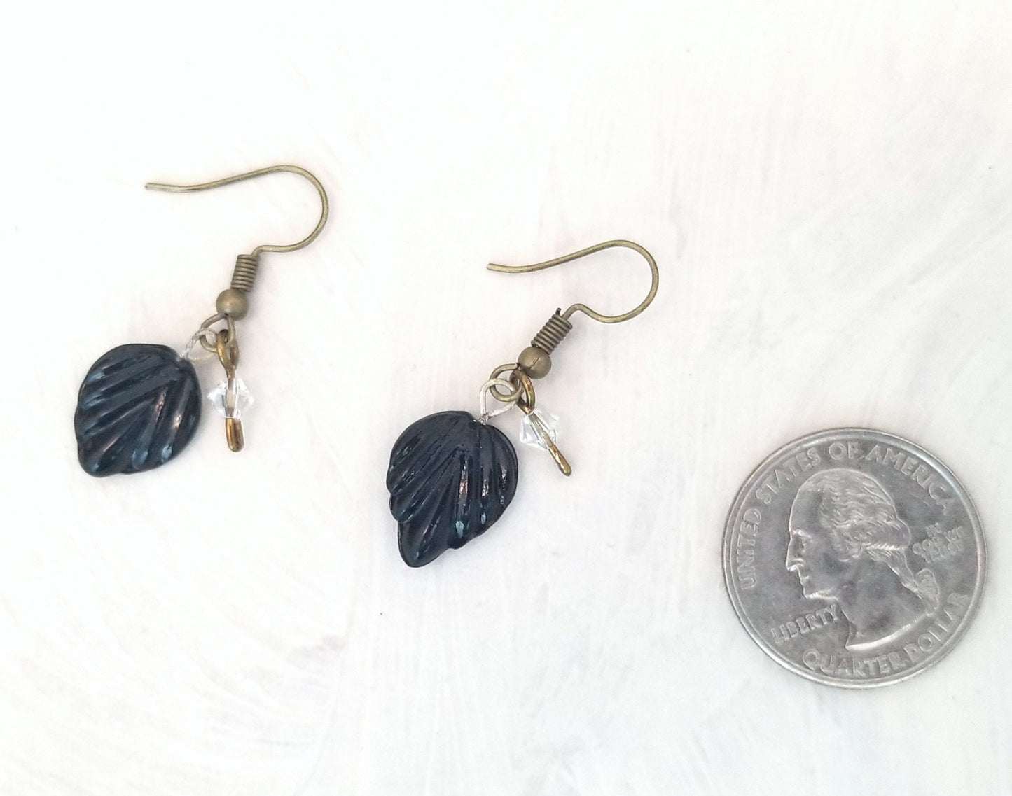 Small Glass Leaf Earrings in Black, Wedding, Bridesmaid, Art Nouveau, Belle Époque, Renaissance, Forest, Garden, Choice of Closure Types