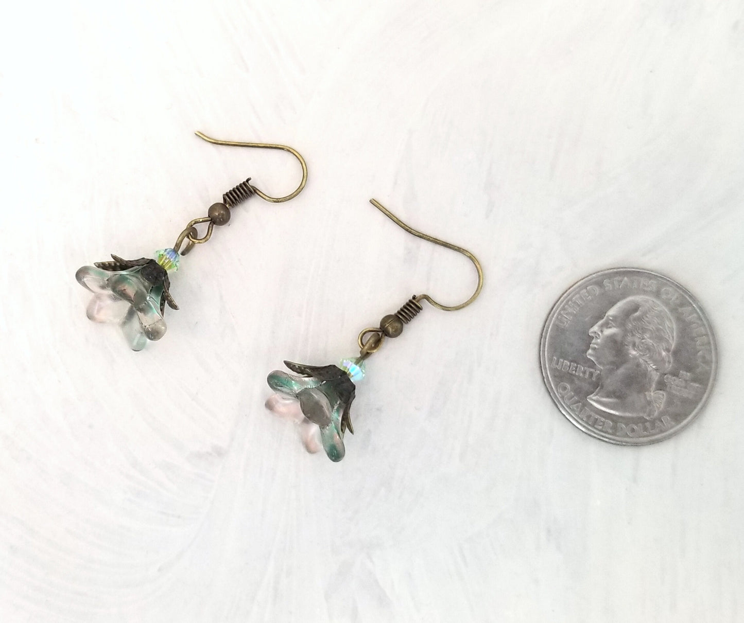 Glass Flower Earrings in Light Blue-Green, Wedding, Bridesmaid, Art Nouveau, Belle Époque, Garden, Choice of Closure Types