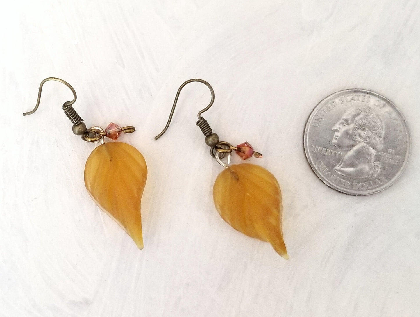 Long Glass Leaf Earrings in Frosted Light Brown, Wedding, Bridesmaid, Art Nouveau, Renaissance, Forest, Choice of Closure Types