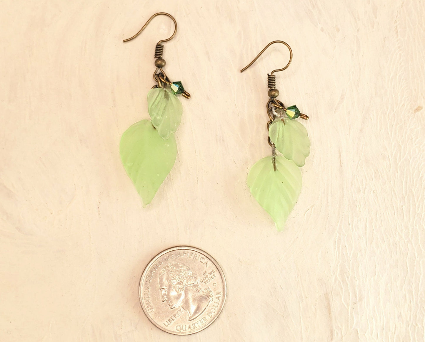Double Glass Leaf Earrings in Light Green, Wedding, Bridesmaid, Art Nouveau, Renaissance, Belle Epoque, Forest, Choice of Closure Types