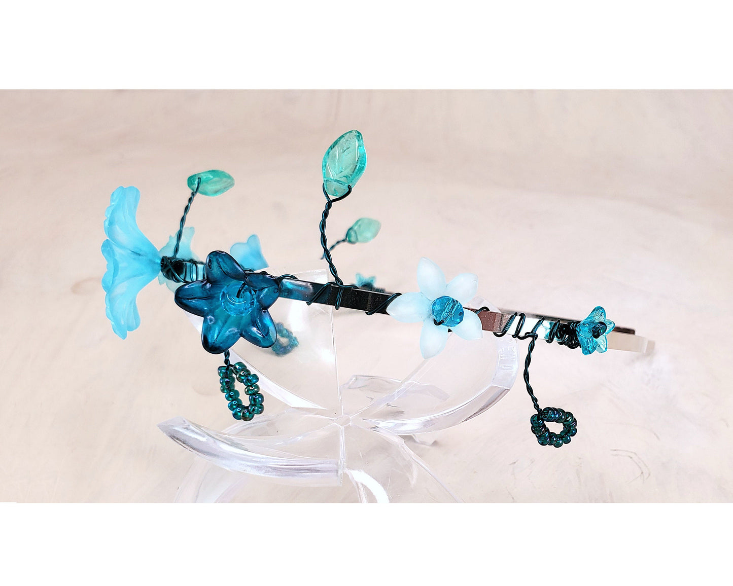 Lucite Flower Wire Wrapped Hair Band in Aqua Blue, Crown, Tiara, Headband