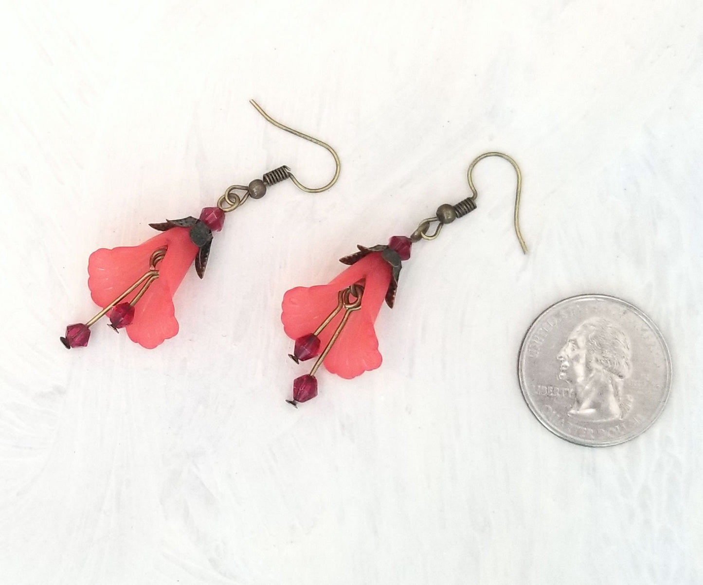 Elegant Lucite Flower Drop Earrings in Red, Wedding, Bridesmaid, Art Nouveau, Belle Époque, Renaissance, Garden, Choice of Metals/Closures