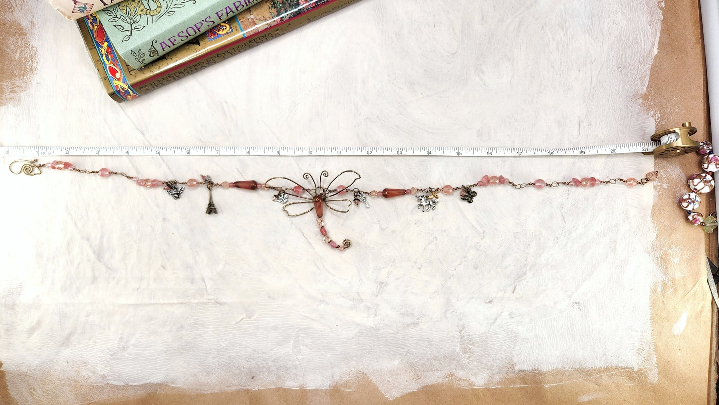 Fairytale Forest Dragonfly Necklace in Antique Pink Renaissance Adjustable Length Fantasy Woodland