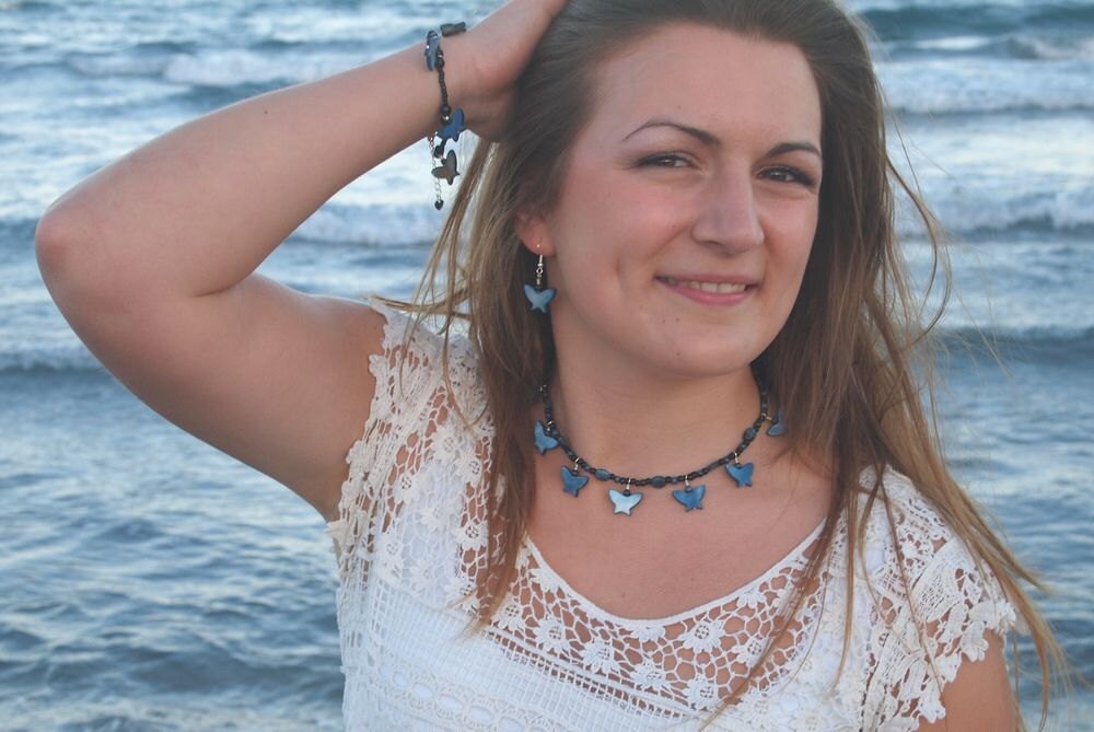 Surfer’s Paradise OOAK Handmade Beaded Necklace with Dark Blue Shell Butterflies #718