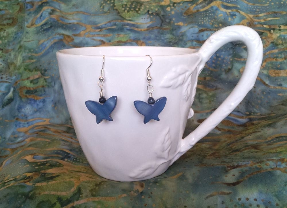 Surfer’s Paradise Handmade Beaded Earrings with Dark Blue Shell Butterflies #721