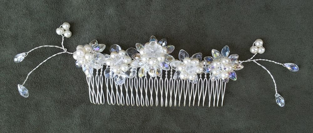 OOAK Handmade Bridal Veil Comb with Hand-wired Czech Glass Flowers and Leaves and Pearls