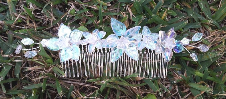 OOAK Handmade Bridal Veil Comb with Hand-wired Czech Glass Flowers and Leaves and Swarovski Crystals