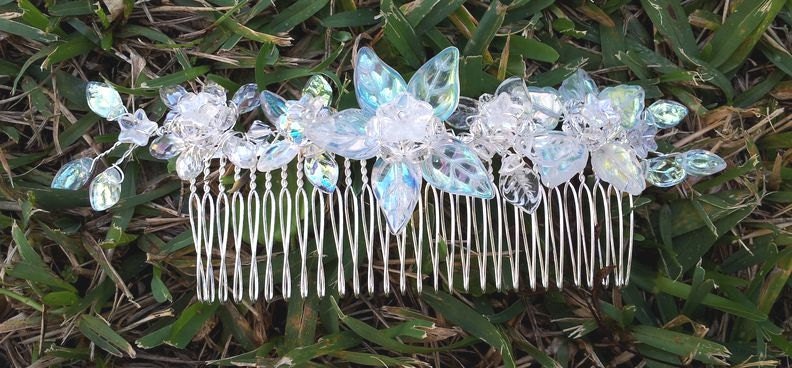 OOAK Handmade Bridal Veil Comb with Hand-wired Czech Glass Flowers and Leaves and Swarovski Crystals