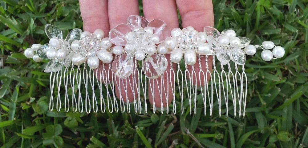 OOAK Handmade Bridal Veil Comb with Hand-wired Czech Glass Flowers and Leaves and Pearls - No AB Glass
