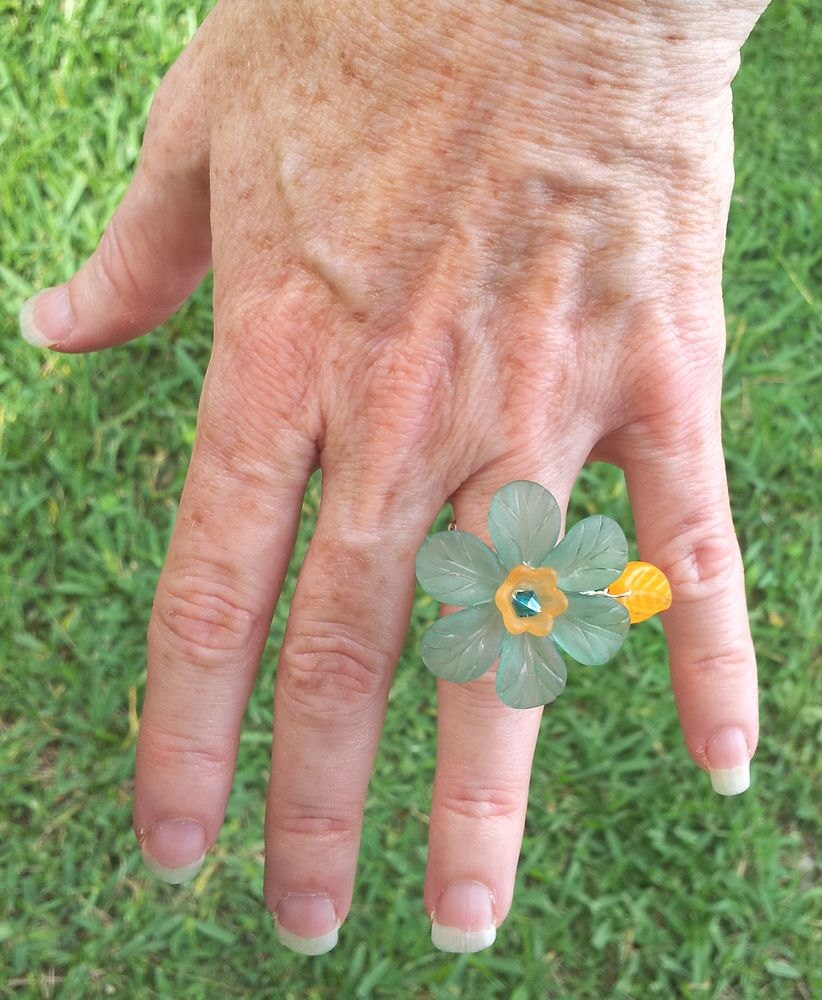 OOAK Handmade Statement Ring Lucite Flowers and Wire in Sea Green and Orange with Adjustable Band